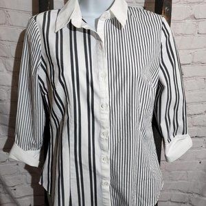 New York & Co 7th Avenue Striped Long Sleeve Shirt Black‎ White XS A286
